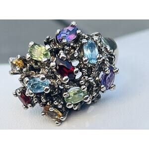 EL 925 Sterling Silver Semi Precious Stones Cluster Ring Sz 6.5 Signed